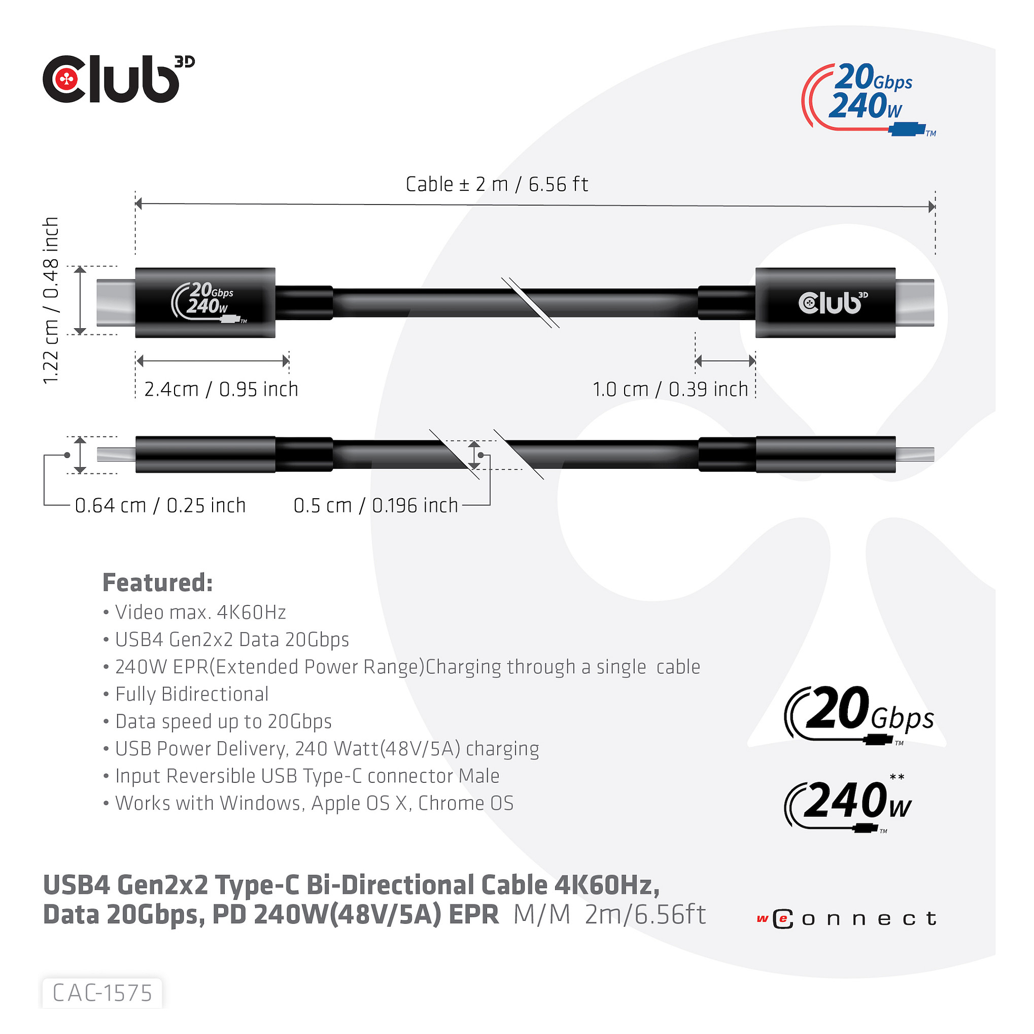 Kabllo USB Club 3D CAC-1575, USB4, USB-C në USB-C, 20 Gbps, 240 W, 2 m - Zezë 7