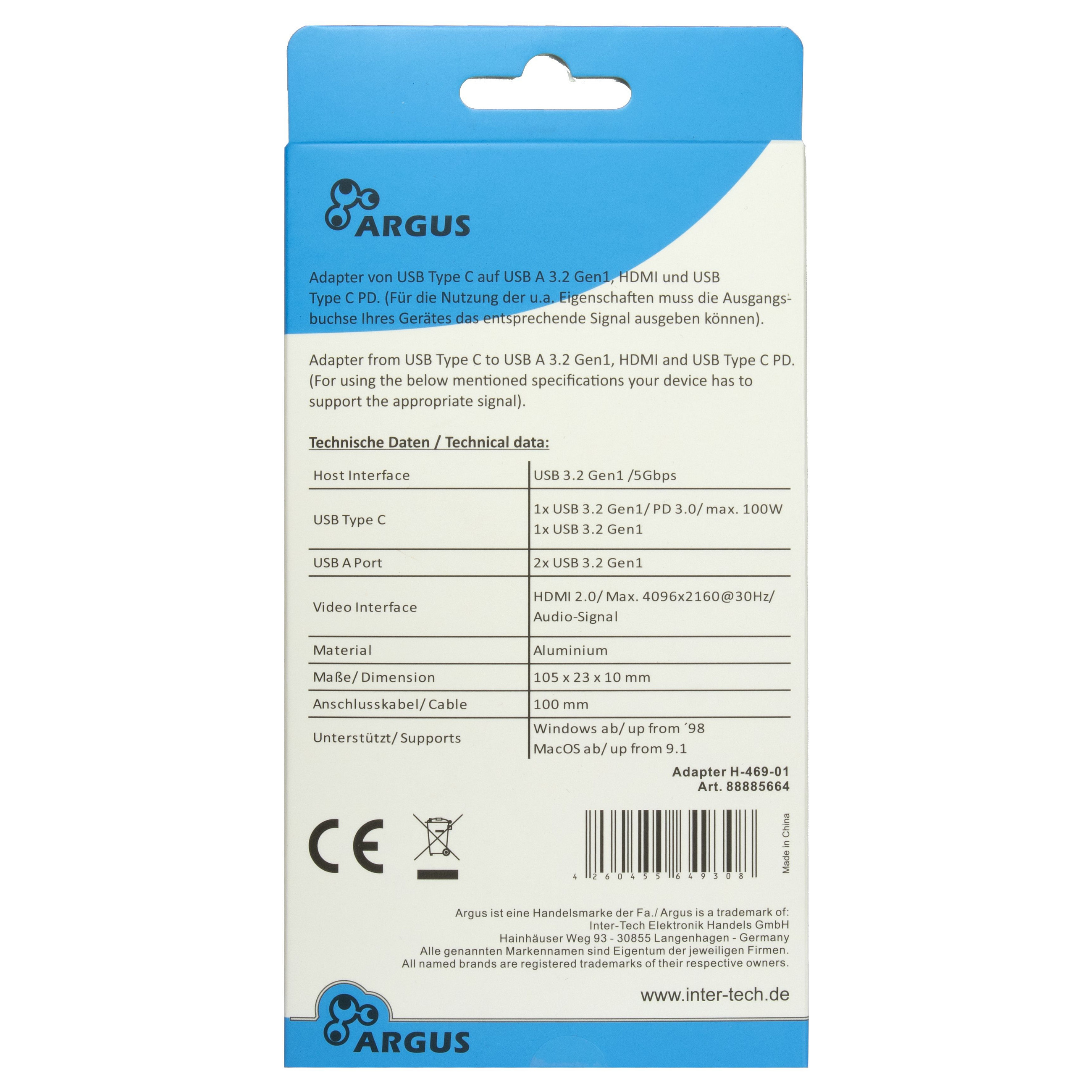 Adapter USB-C Inter-Tech Argus H-469-01, 5-in-1, USB 3.2 Gen 1, 2x USB-A, USB-C, HDMI 2.0, Power Delivery 100W - Zezë 3