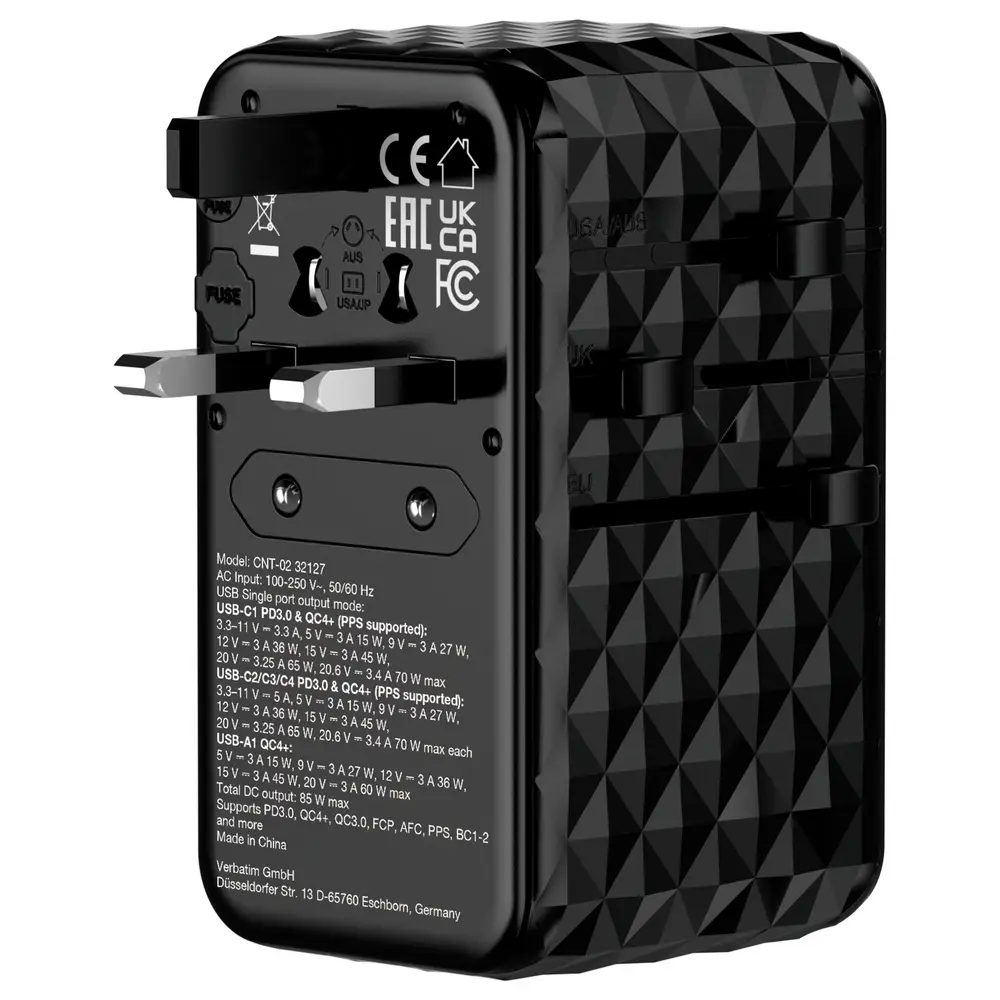 Adapter Verbatim Charge 'n' Travel Diamond CNT-02, 85W, GaN III, 3x USB-C, 1x USB-A, Power Delivery, Kabllo USB-C Retractable - Zezë 2