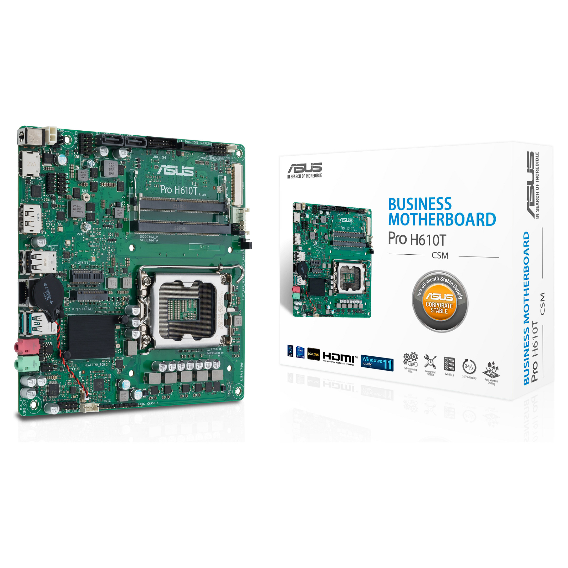 Pllakë Amë ASUS PRO H610T-CSM / Intel LGA1700 / H610 / DDR5 SO-DIMM / Thin Mini ITX / Gigabit LAN