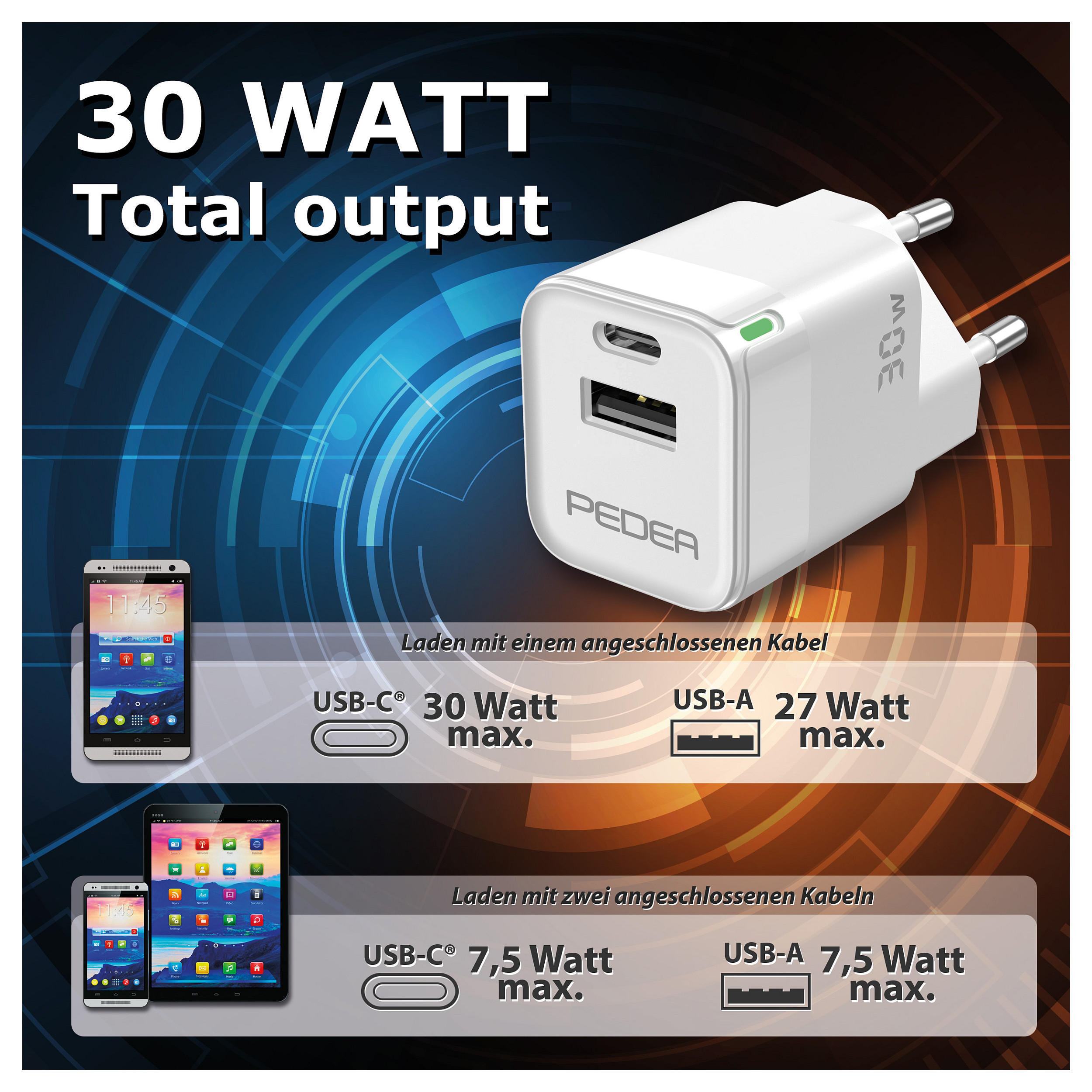 Karikues PEDEA Dual Mini / USB-C, USB-A / PD / 30W – Bardhë thumbnail 6