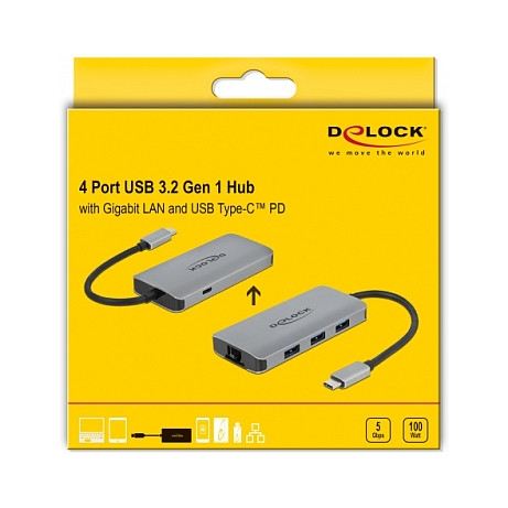 Hub DeLOCK 63252, USB-C Mashkull, 3x USB-A 5Gbps, USB-C PD 100W, Gigabit LAN - Gri 4