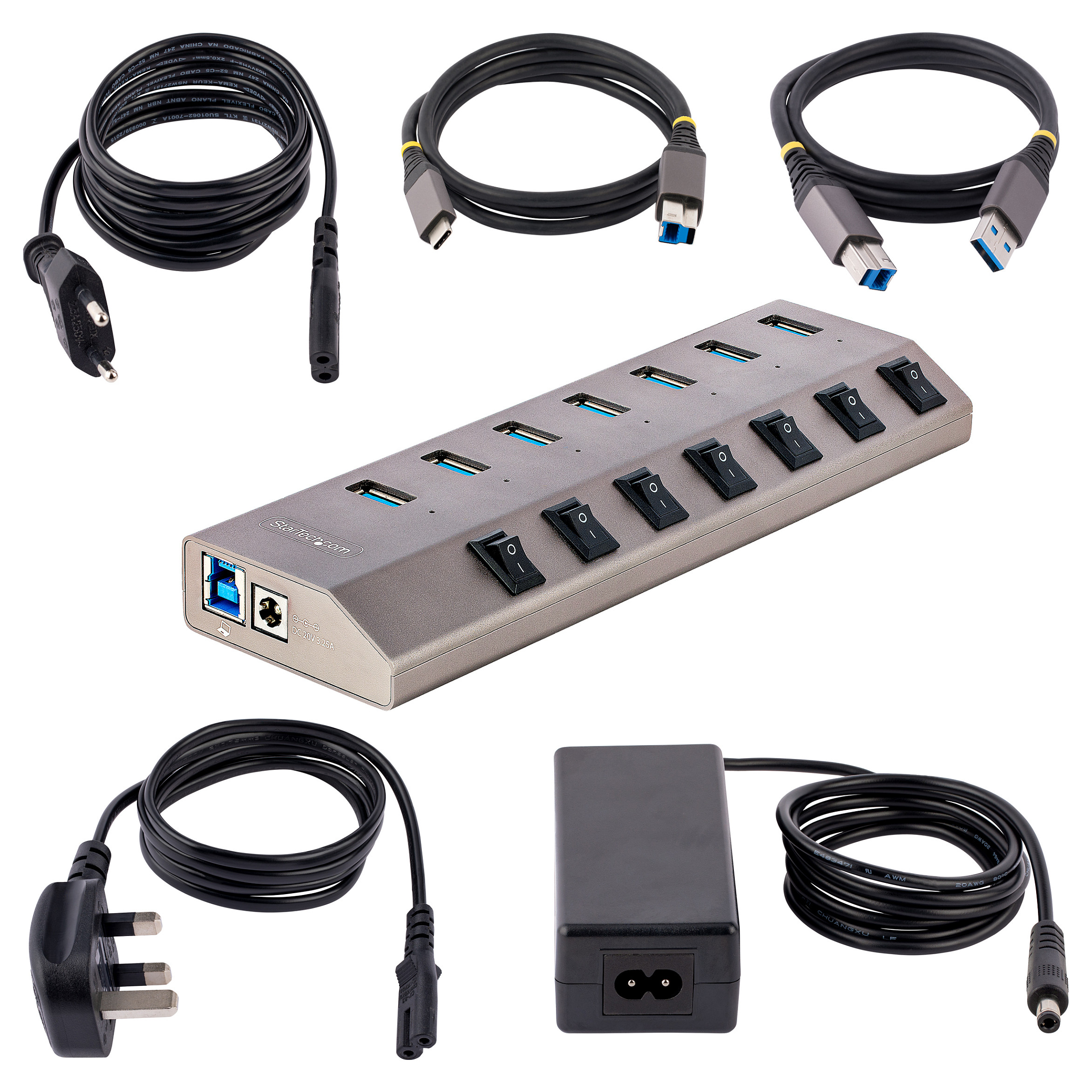 Hub USB StarTech.com 5G7AIBS-USB-HUB-EU, 7× USB-A, USB 3.2 Gen 1, 5 Gbps, Ndërprerës Individualë, Adapter 65 W – Gri 7