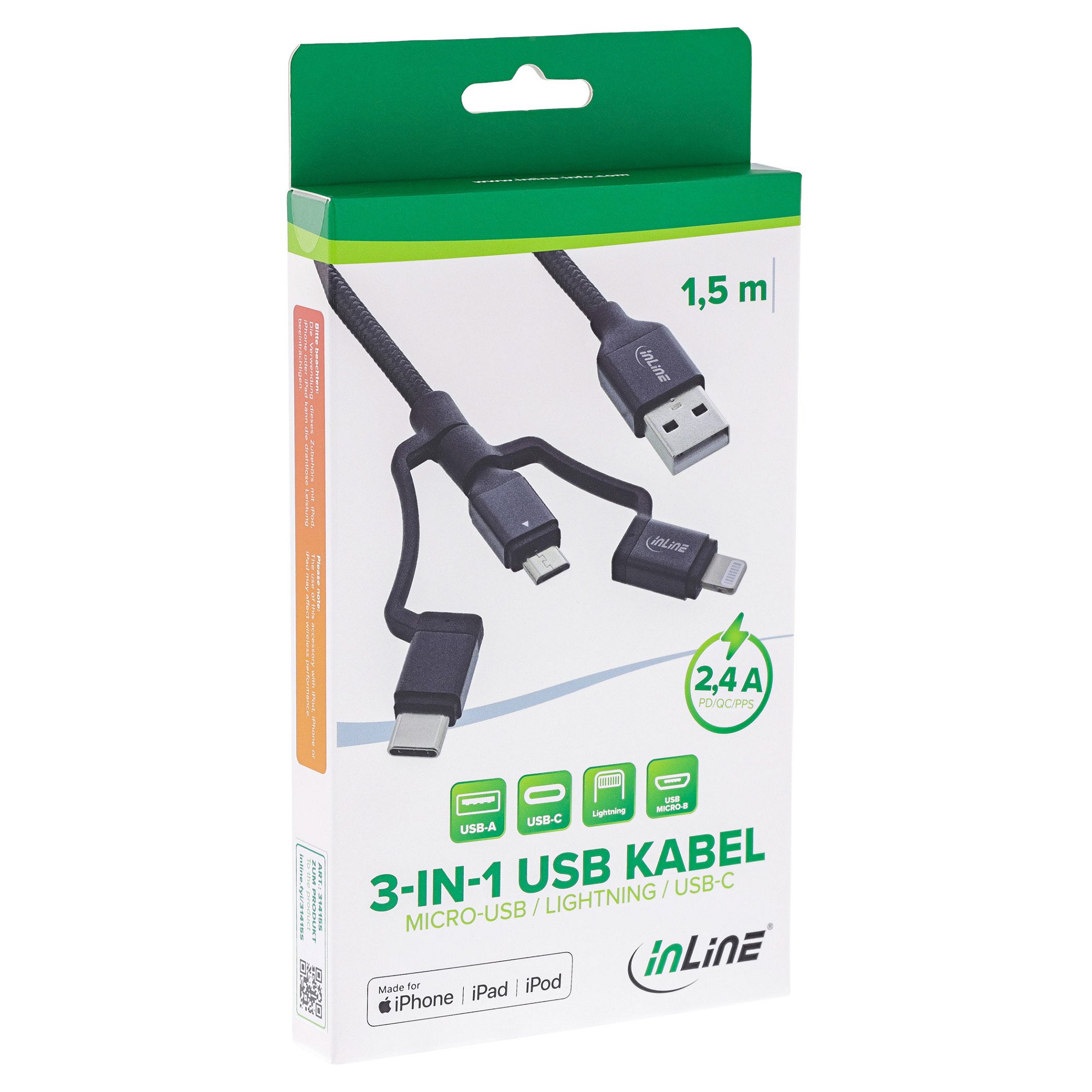 Kabllo USB InLine 31415S, USB-A në Lightning, USB-C dhe Micro-USB, 1,5 m, USB 2.0, 480 Mbps - Zezë 2