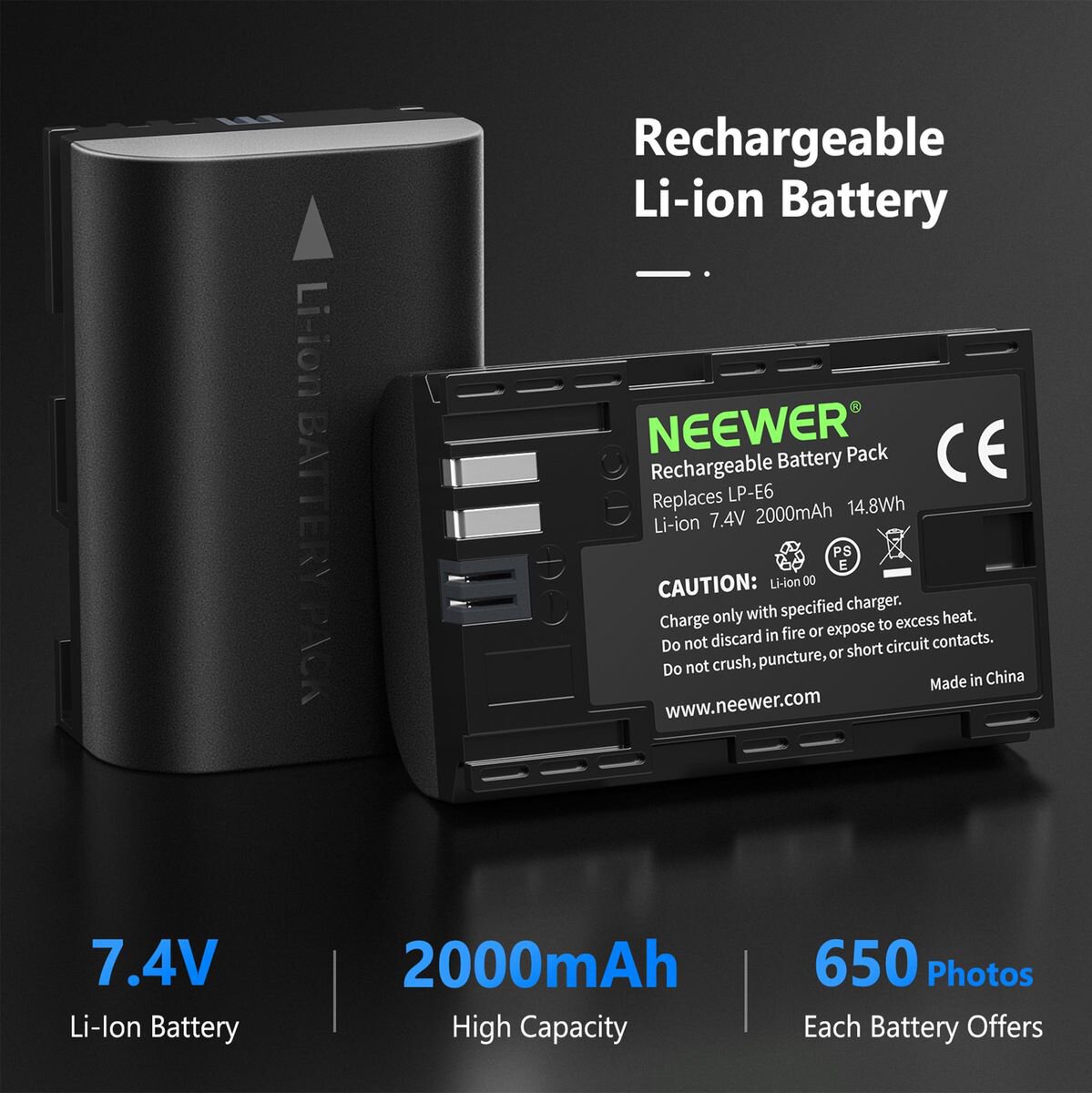 Set Bateri për Kamerë Neewer LP-E6, 2x 2000mAh, Karikues USB me 2 Slote - Zezë 2