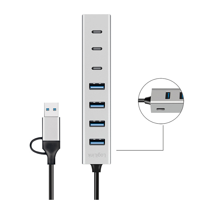 Hub USB LogiLink UA0442, 4x USB-A, 3x USB-C, 5Gbps, kabllo 2-në-1 - Argjend 2