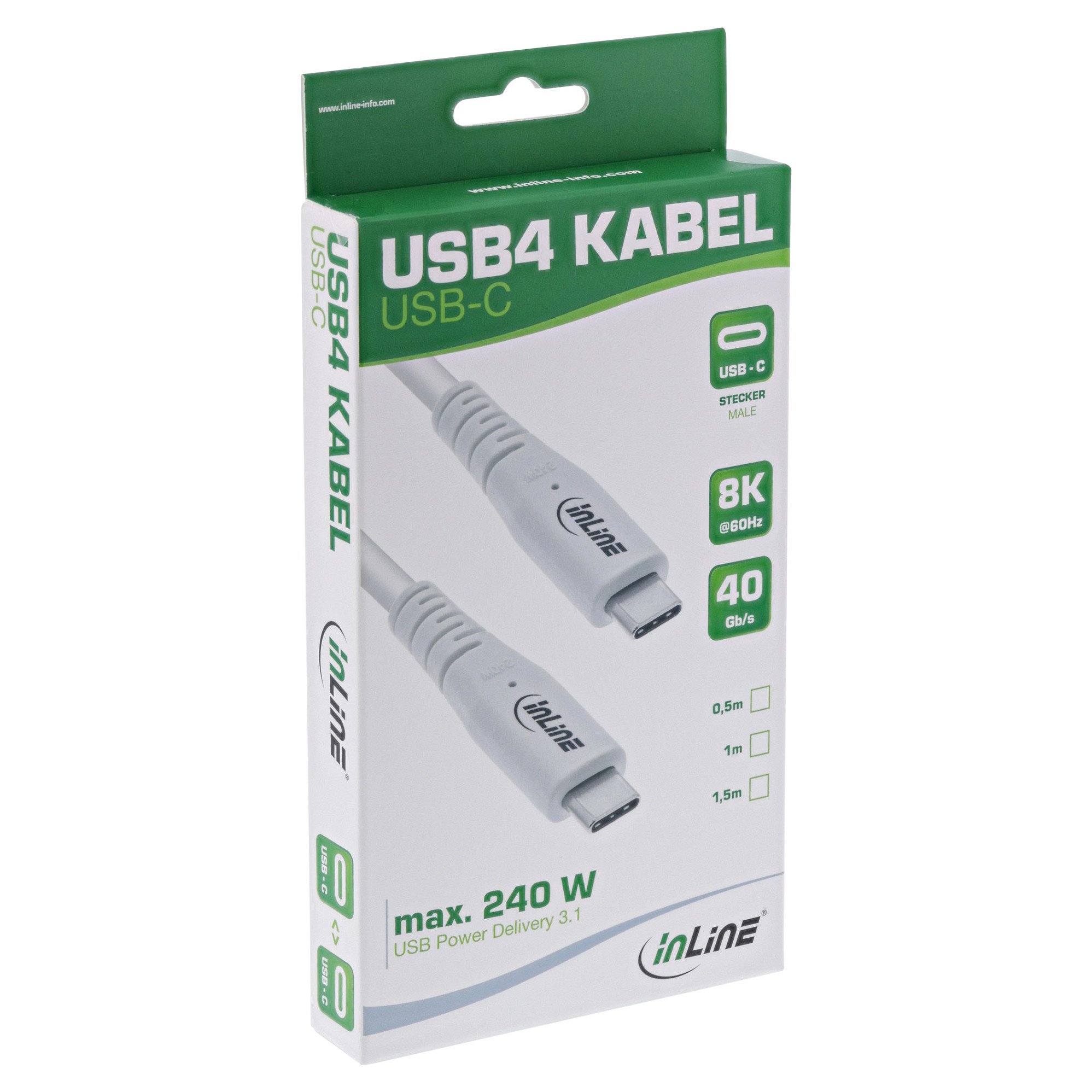 Kabllo USB InLine 35902W, USB-C në USB-C, 2 m, USB4, 40 Gbps, 240 W, 8K 60 Hz - Bardhë 2