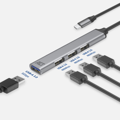 Hub USB-C ACT AC6425, 4x USB-A, 1x USB 3.2 Gen 1 5 Gbps, 3x USB 2.0 480 Mbps, Kabllo 18 cm, Korpus Alumini – Gri 2