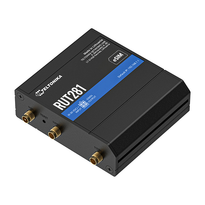 Teltonika, RUT281, Ruter, Wi-Fi 4, N300, Single-Band, 4G LTE Cat 4, 150Mbps, 2× 10/100Mbps Ethernet, Mini-SIM + eSIM, Zezë 3