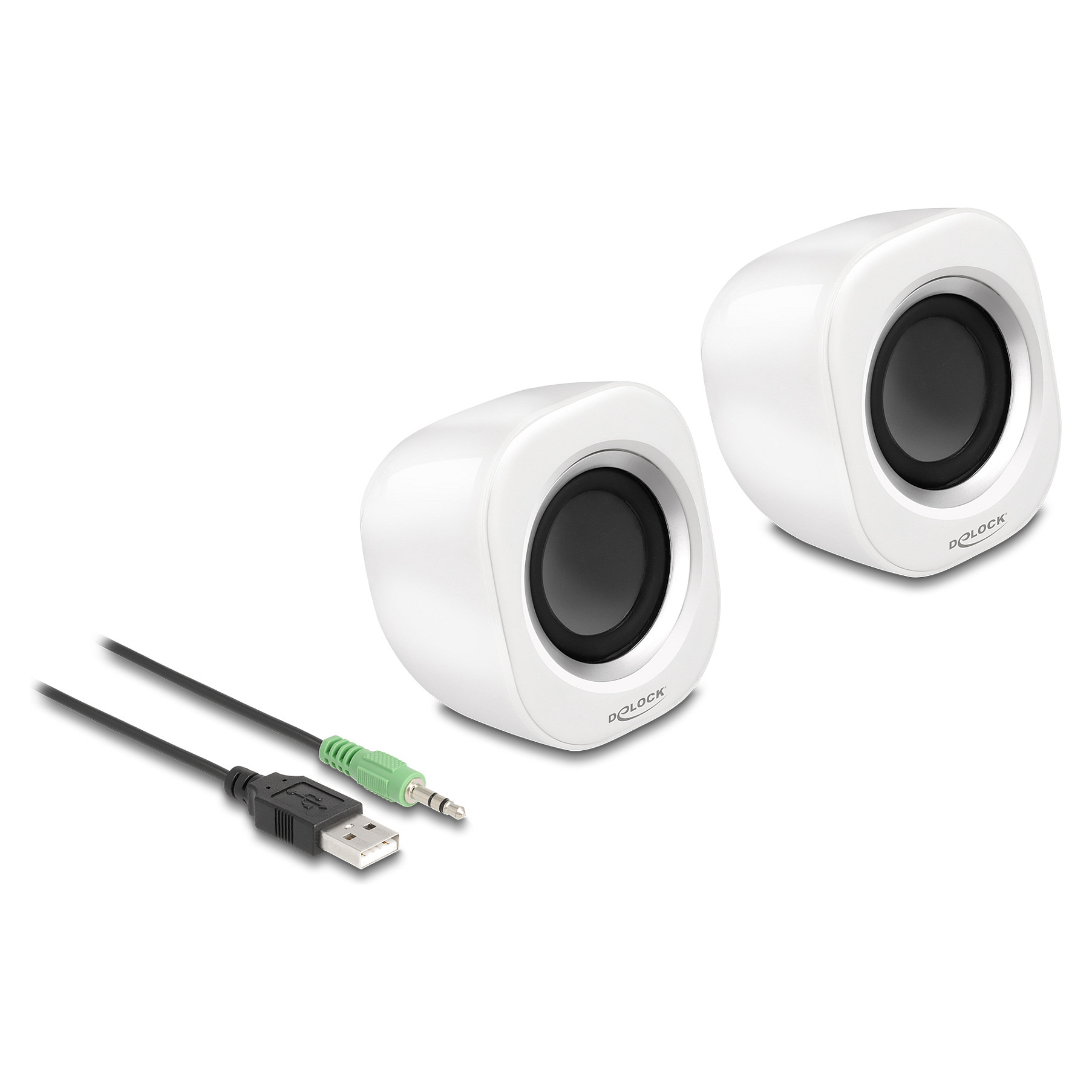 Altoparlantë Mini Stereo për PC DeLOCK 27008, 2W RMS, Jack 3.5 mm, USB – Argjend/Bardhë