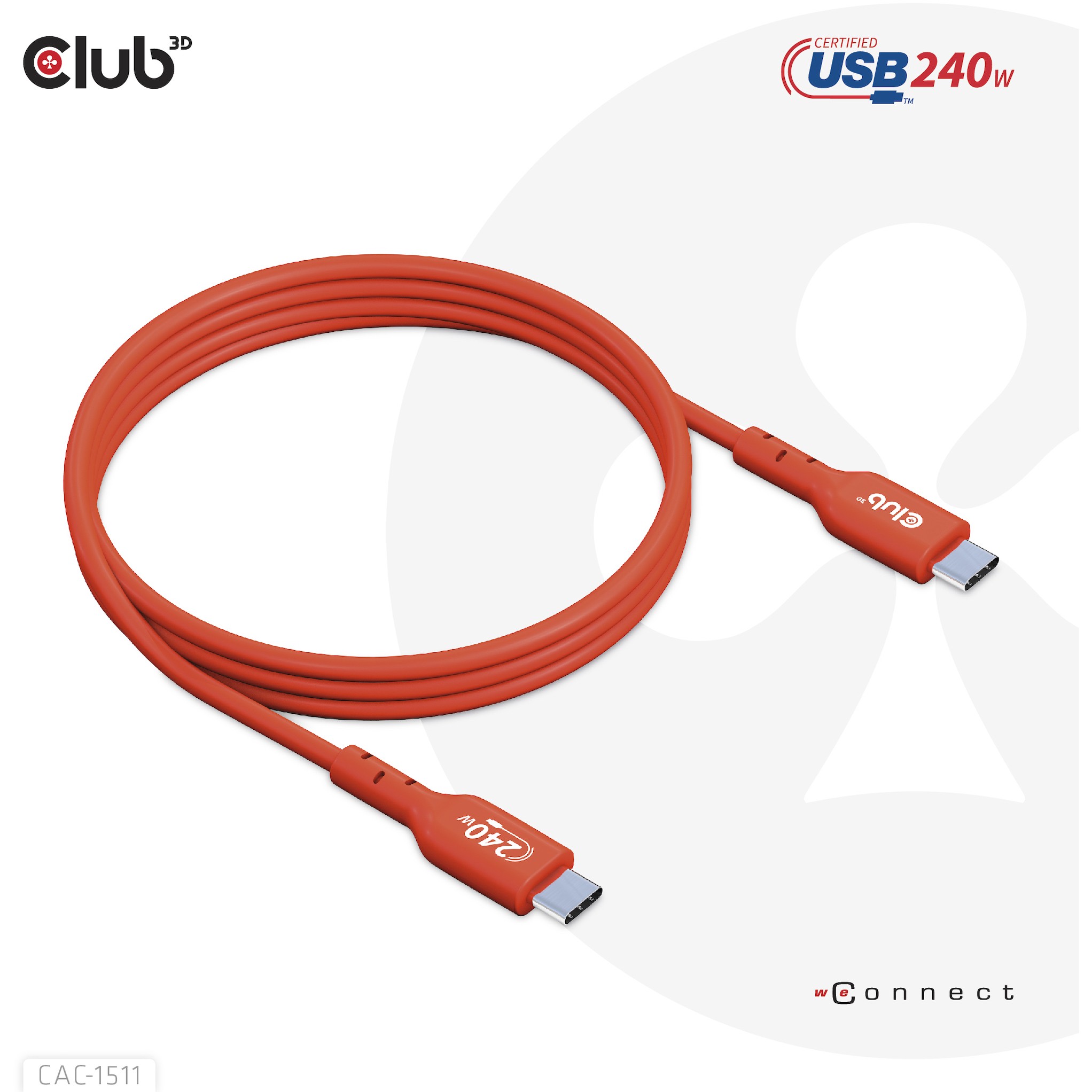 Kabllo USB-C CLUB3D CAC-1515, USB-C në USB-C, 4 m, USB 2.0, 480 Mbps, PD 240 W – Portokalli 9