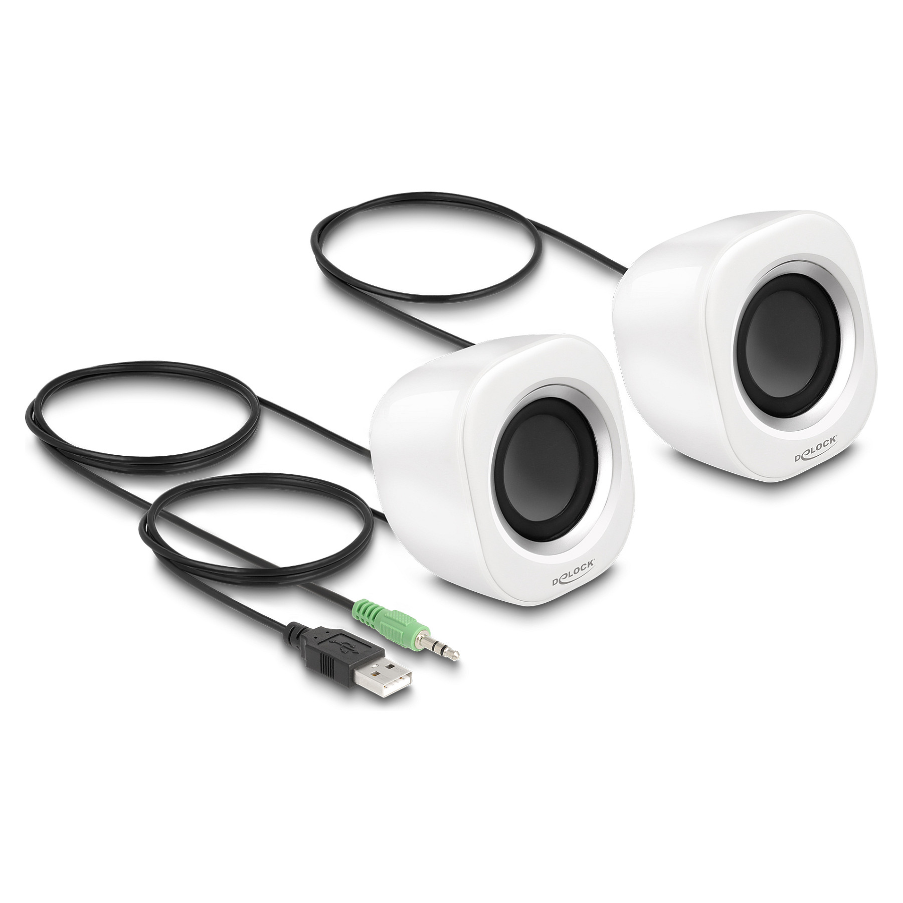 Altoparlantë Mini Stereo për PC DeLOCK 27008, 2W RMS, Jack 3.5 mm, USB – Argjend/Bardhë 2