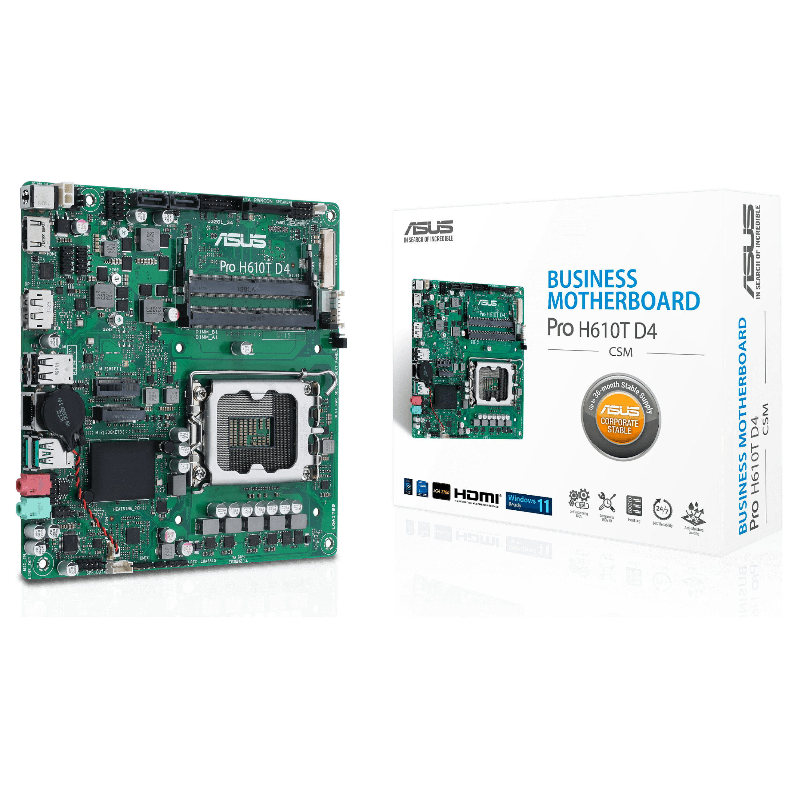 Pllakë Amë ASUS Pro H610T D4-CSM / Intel LGA1700 / H610 / DDR4 SO-DIMM / Thin Mini ITX / Gigabit LAN