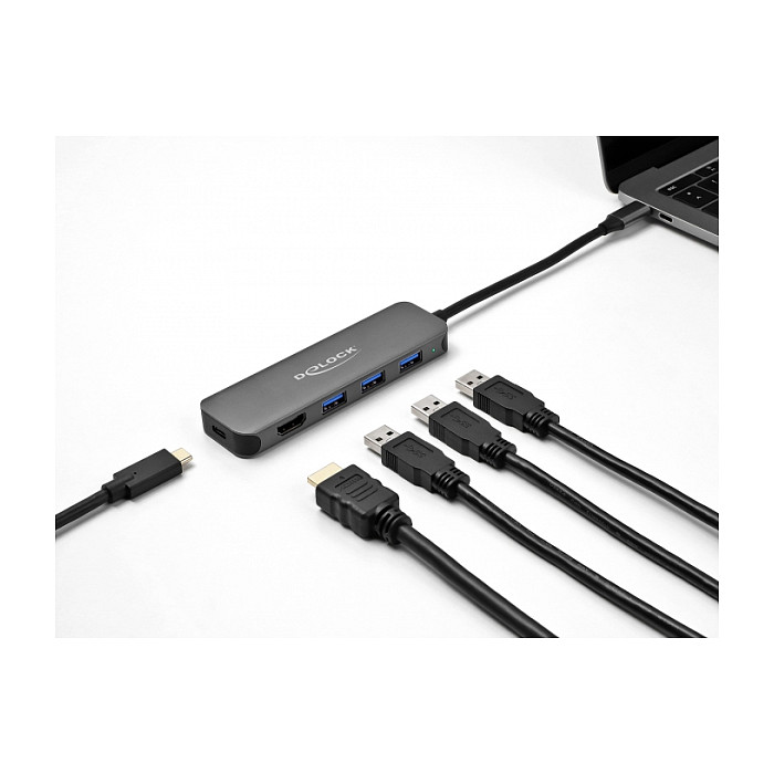 Hub USB DeLOCK 64171 / USB-C / 3x USB-A / HDMI 4K @ 30Hz / USB 5 Gbit/s / Power Delivery 85W / 0.15 m - Gri 3