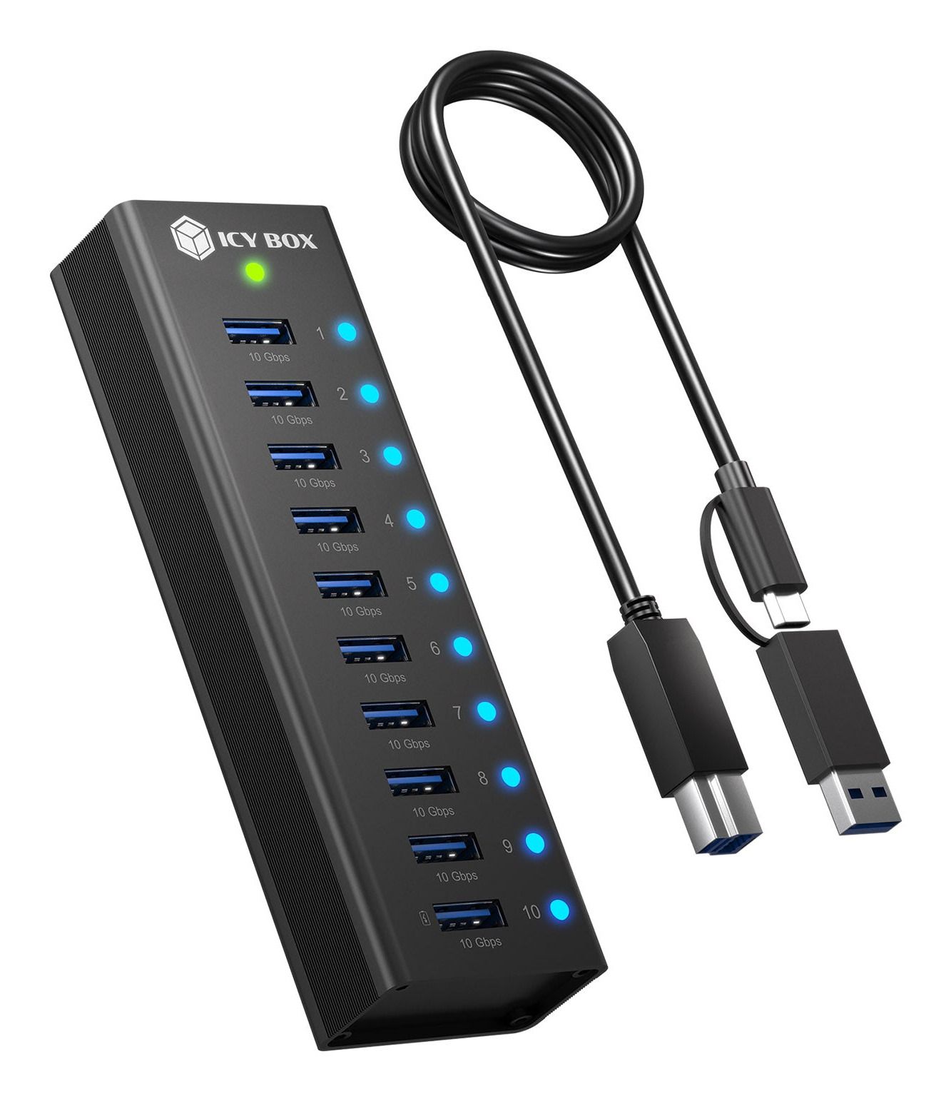 Hub USB ICY BOX IB-AC618a, 7x USB-A 3.2 Gen 2, 10 Gbps, 1 Portë për Karikim, Korpus Alumini – Zezë 3