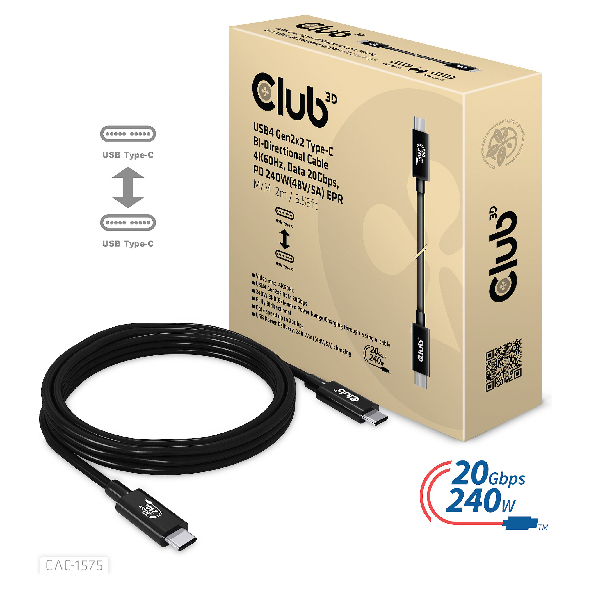 Kabllo USB Club 3D CAC-1575, USB4, USB-C në USB-C, 20 Gbps, 240 W, 2 m - Zezë 5