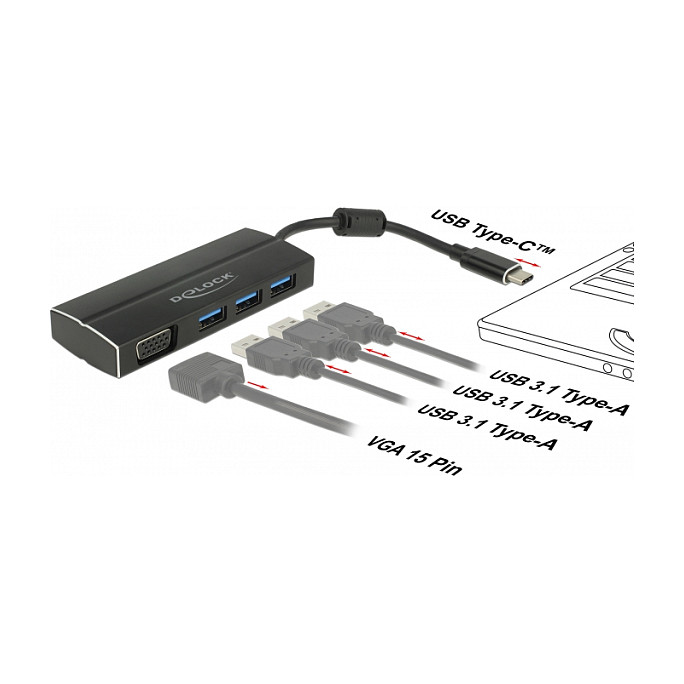 Hub USB DeLOCK 63932 / USB-C / 3x USB-A / USB 3.1 Gen 1 / VGA / 5 Gbit/s / 15 cm - Zezë 2