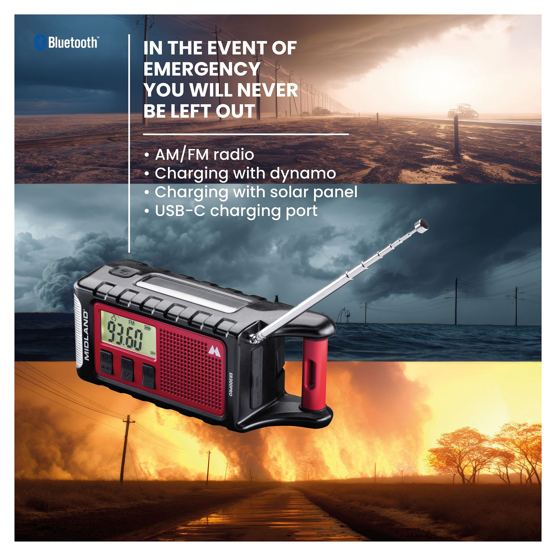 Radio Emergjence Midland ER 300 Pro, Bateri Li-Ion 10.000 mAh, USB-C – Zezë, Kuqe 4