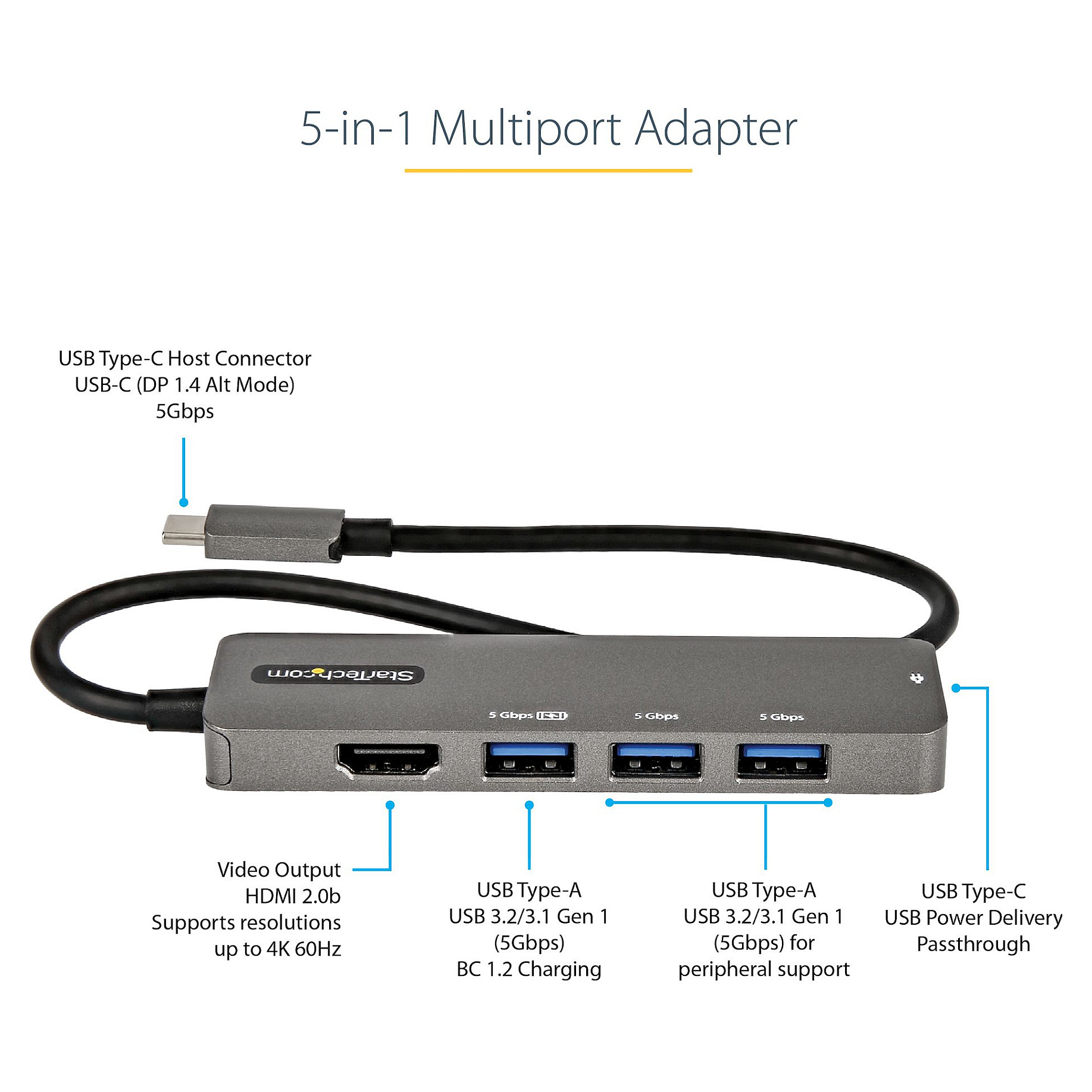 Docking Station StarTech Multiport Adapter / 3xUSB-A / 1xUSB-C / 1xHDMI - Zezë / Gri thumbnail 4