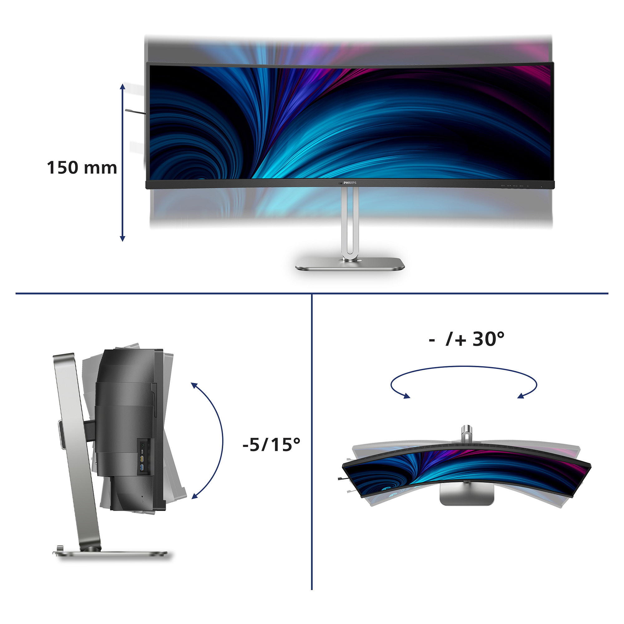 Monitor Philips 49B2U5900C/00 / 49"/ Dual QHD VA LCD Curved / 75Hz / 4ms / HDMI+DP+USB-C -Zezë/Argjendi thumbnail 3