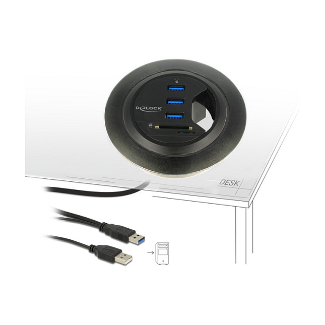Hub USB DeLOCK 62869 / USB 3.0 / 3x USB-A / SD + Micro SD / Montim në Tavolinë / 0.95 m - Zezë 2