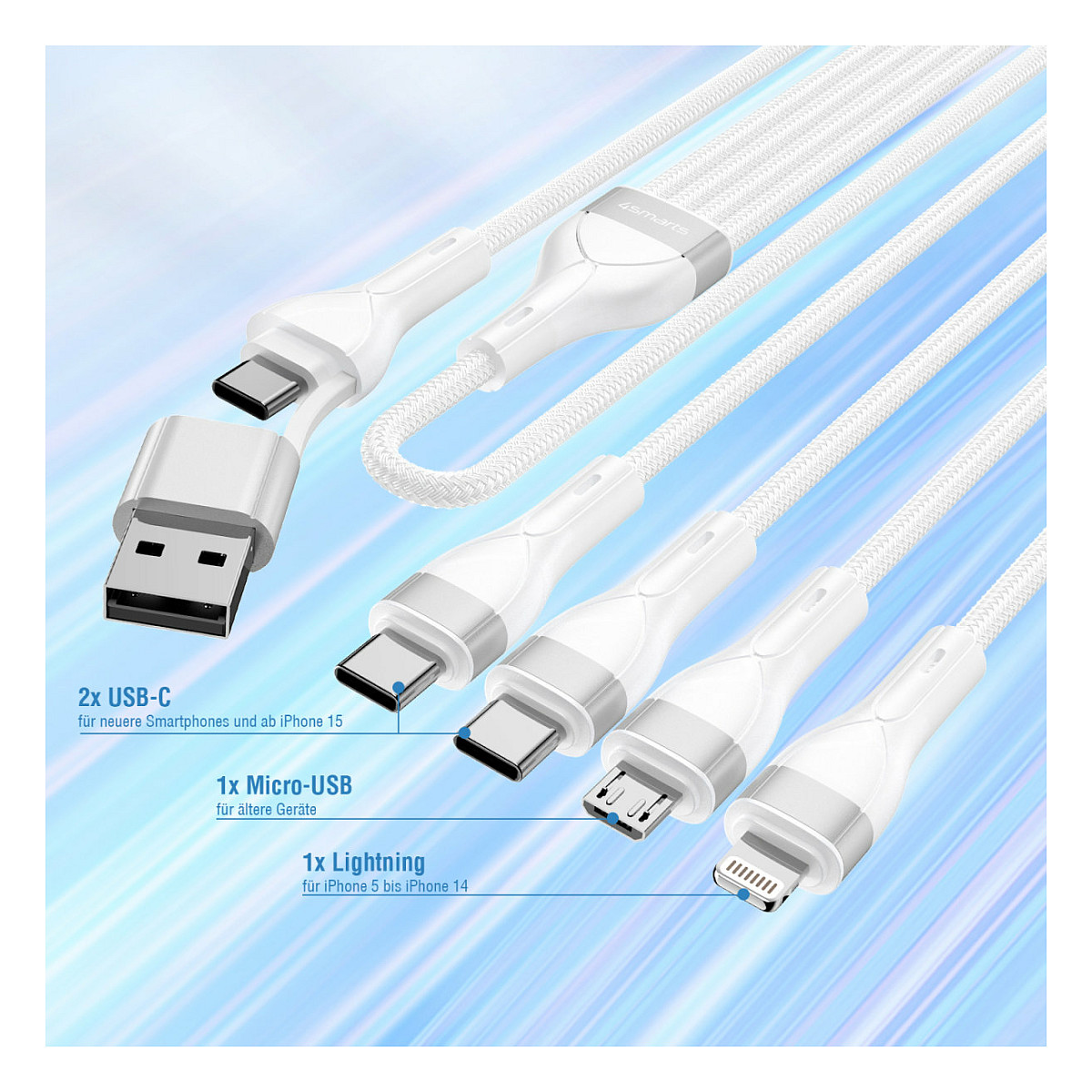 Kabllo USB 4smarts USB-C/A Multi-Charging Cable 4-in-2 / 1.2m – Bardhë thumbnail 4