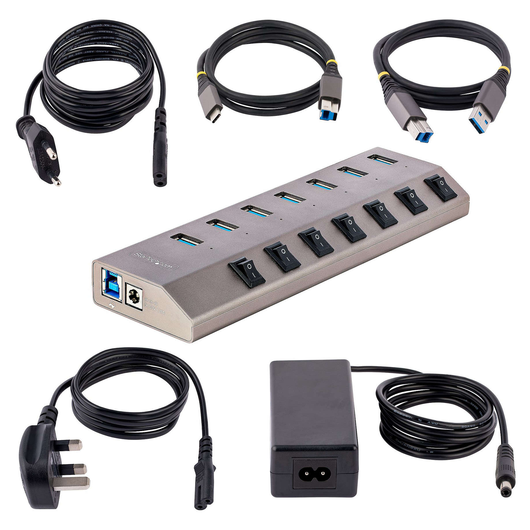 Hub USB StarTech.com 5G7AIBS-USB-HUB-EU, 7× USB-A, USB 3.2 Gen 1, 5 Gbps, Ndërprerës Individualë, Adapter 65 W – Gri 6