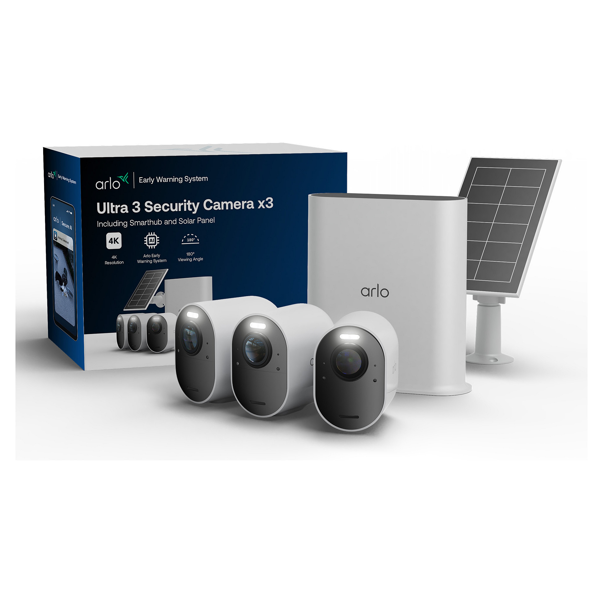 Set me 3 Kamera Sigurie IP CCTV Arlo Ultra 3, 4K, Zoom Digjital 12x, me Panel Solar - Bardhë/Zezë