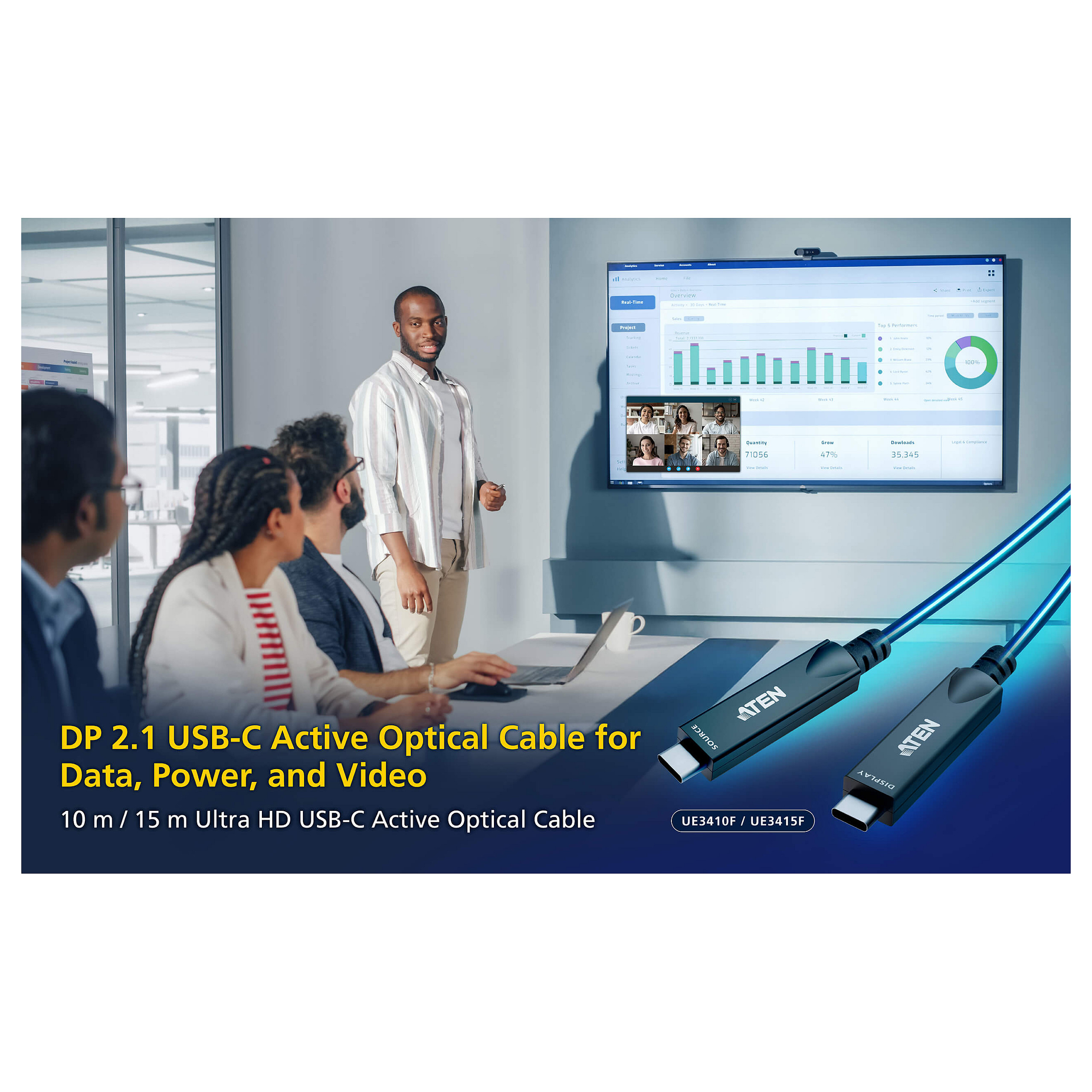Kabllo USB-C ATEN UE3410F, optike aktive, 10 m, 10 Gbps, DisplayPort 2.1, 4K 60 Hz, 60 W - Zezë 2