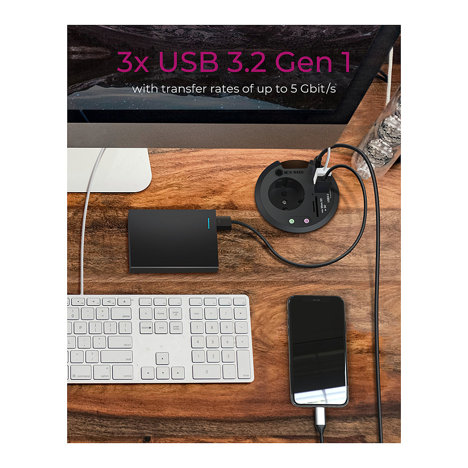 Hubs ICY BOX IB-HUB1430-CR, USB 3.2 Gen 1, 2x USB-A, 1x USB-C, SD/microSD, Audio 3,5mm, Prizë 230V - Zezë 4