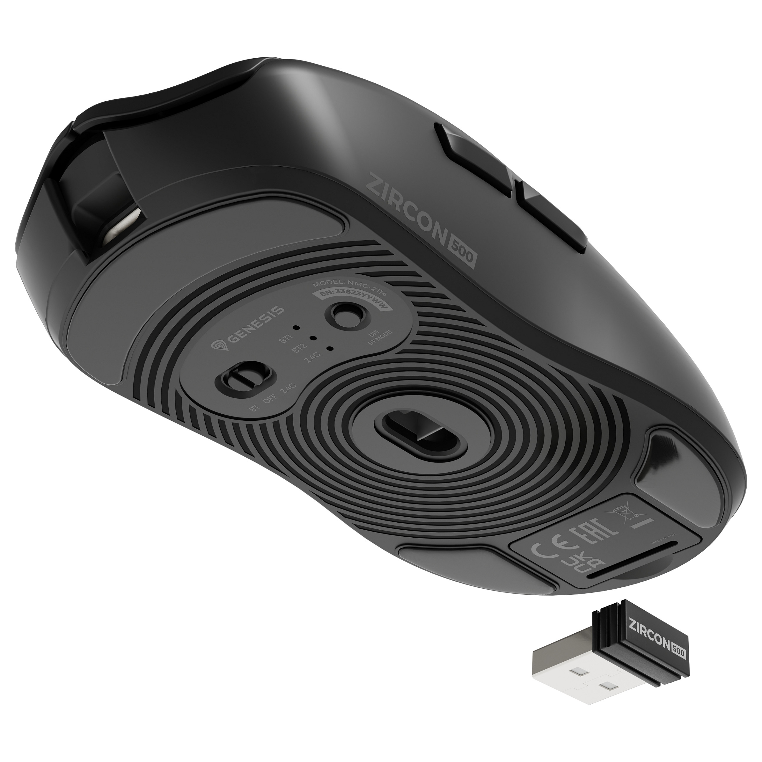 Maus Gaming Genesis Zircon 500 / Wireless / PixArt PMW3325 / 10.000 DPI / 6 Butona / 2.4 GHz / Bluetooth 5.0 / USB-C - Zezë 2