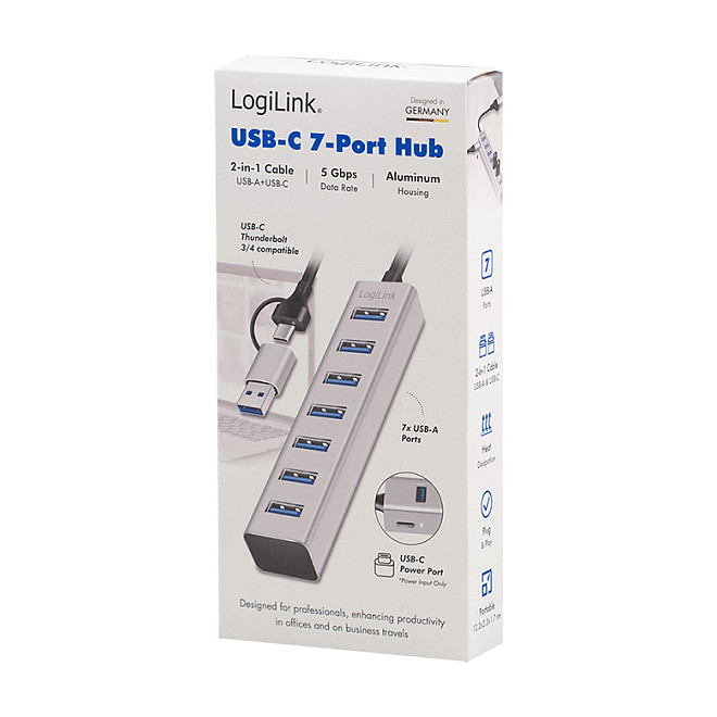 Hub USB-A LogiLink UA0441, 7x USB-A, USB 3.0, 5Gbps, kabllo 2-në-1, alumin - Argjend 3