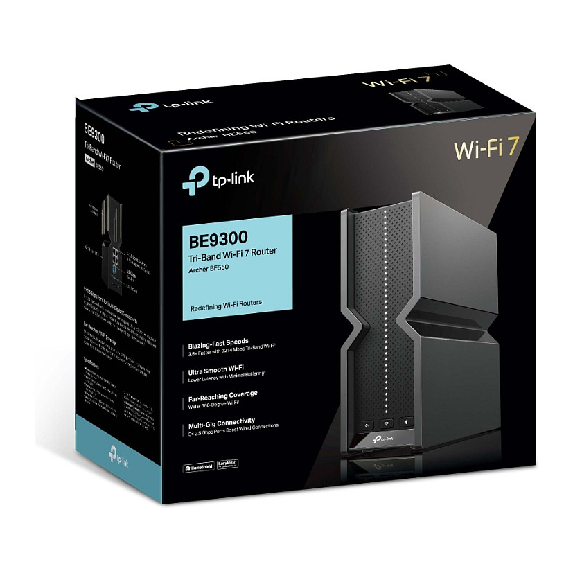 TP-Link Archer BE550 Wi-Fi 7 BE9300 Tri-Band deri 9214Mbps, 6GHz, 5× 2.5Gbps, MLO, 320MHz, 4K-QAM, EasyMesh dhe USB 3.0. 9