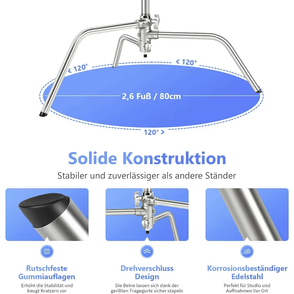 Tripod për Ndriçim Neewer SC320, C-Stand, 153-320cm, Krah 127cm, Kapacitet 20kg, Çelik Inoks - Argjend 2