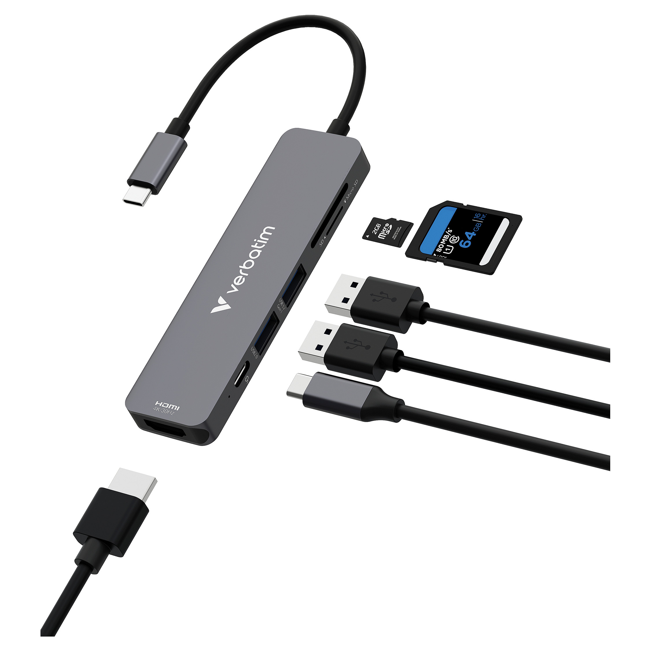 Hub USB-C Verbatim 32156, 6 Porta, HDMI 4K 30Hz, USB-A 3.2 Gen 1, USB-A 2.0, USB-C PD 100W, SD, microSD – Gri 2