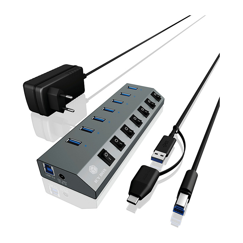 HUB ICY BOX USB 3.0 / 7×Ports / Individual Switch / Active / PSU - Gri