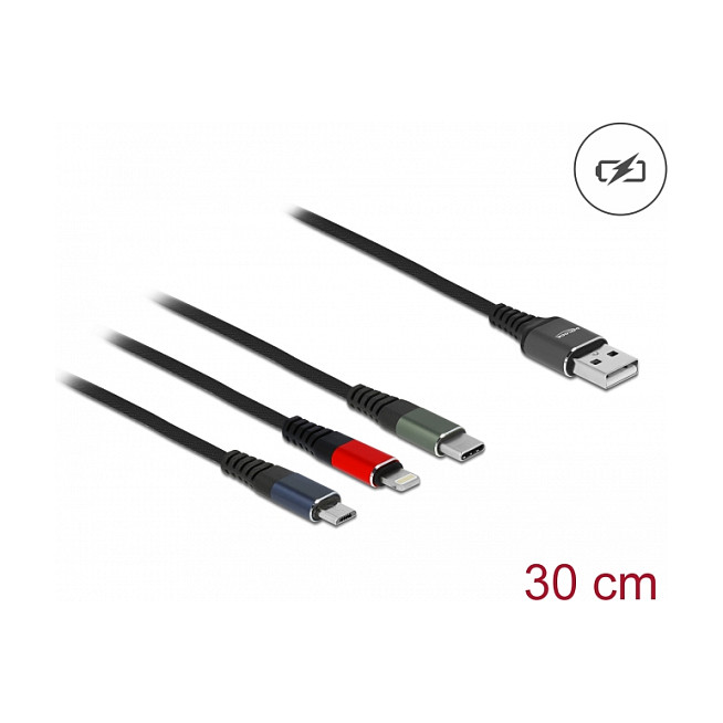 Kabllo USB DeLOCK 87236, USB-A në Lightning, Micro-B dhe USB-C, USB 2.0, 3-në-1, 0.3 m - Shumëngjyrëshe 2