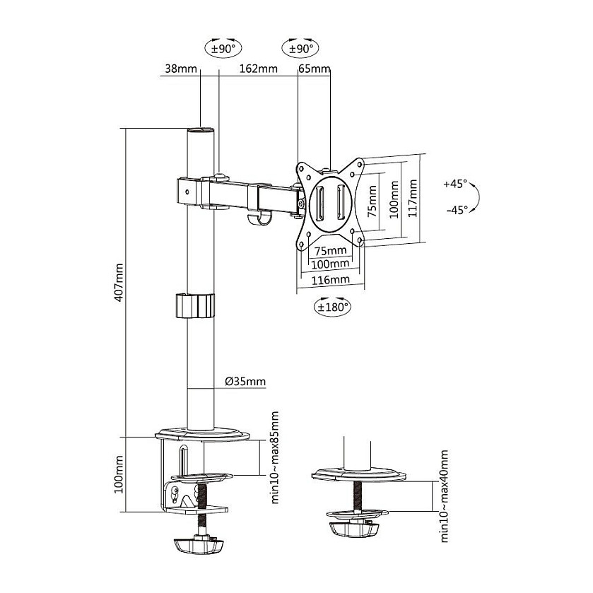 Mbajtëse për Monitor Equip 650156 , 1 Monitor , 17–32" , deri 9kg , e rregullueshme , e pjerrët , e rrotullueshme , VESA 75x75 & 100x100 - Zezë 8