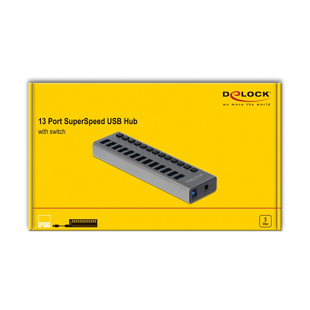 Delock 63738 External USB 5 Gbps Hub / 13× USB Type-A / Individual Switches / Metal Housing / 60W 3