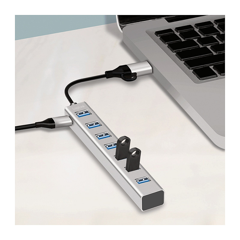 Hub USB-A LogiLink UA0441, 7x USB-A, USB 3.0, 5Gbps, kabllo 2-në-1, alumin - Argjend 7