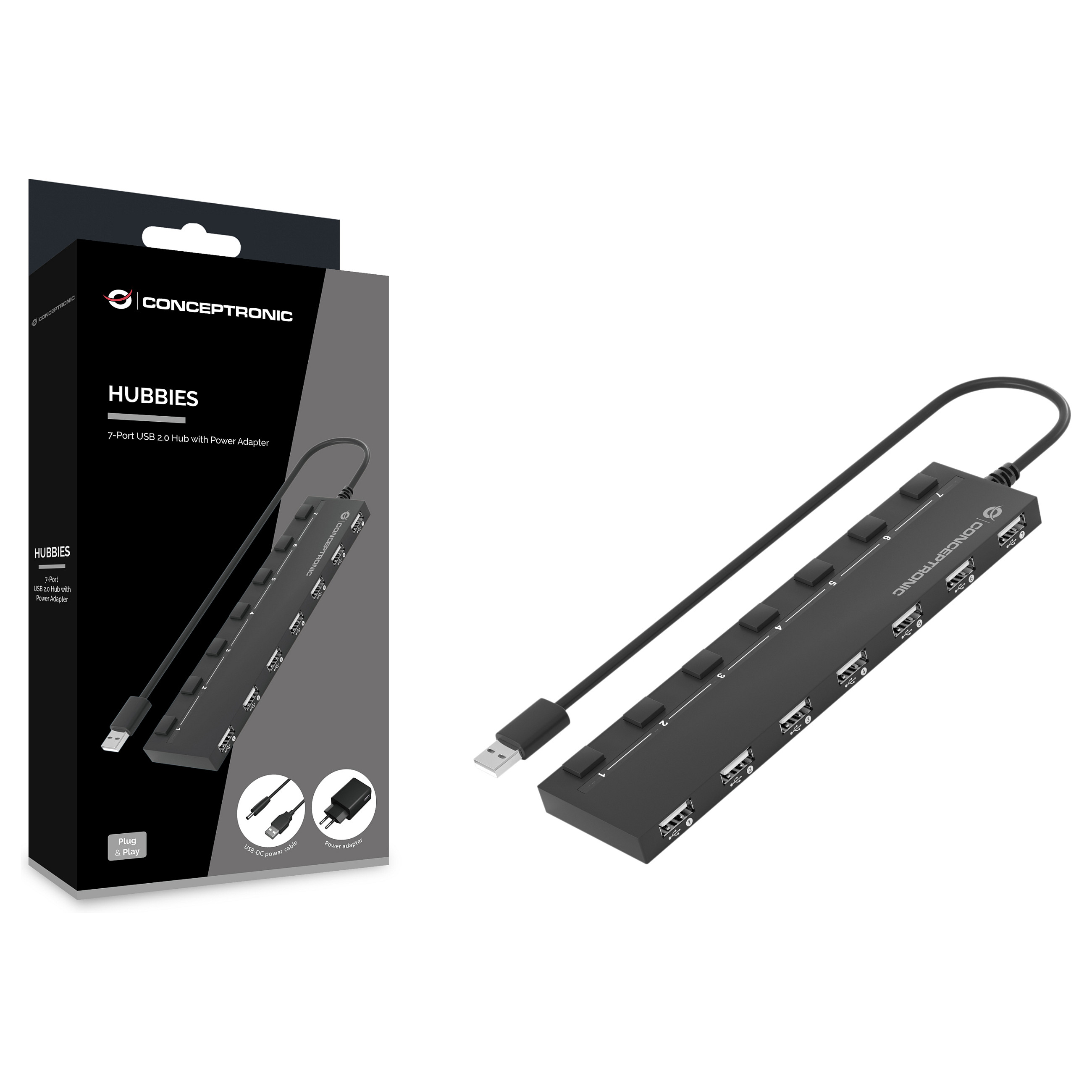 Hub USB Conceptronic HUBBIES08BP, 7x USB 2.0, 480Mbps, furnizim i jashtëm, çelësa individualë - Zezë 2