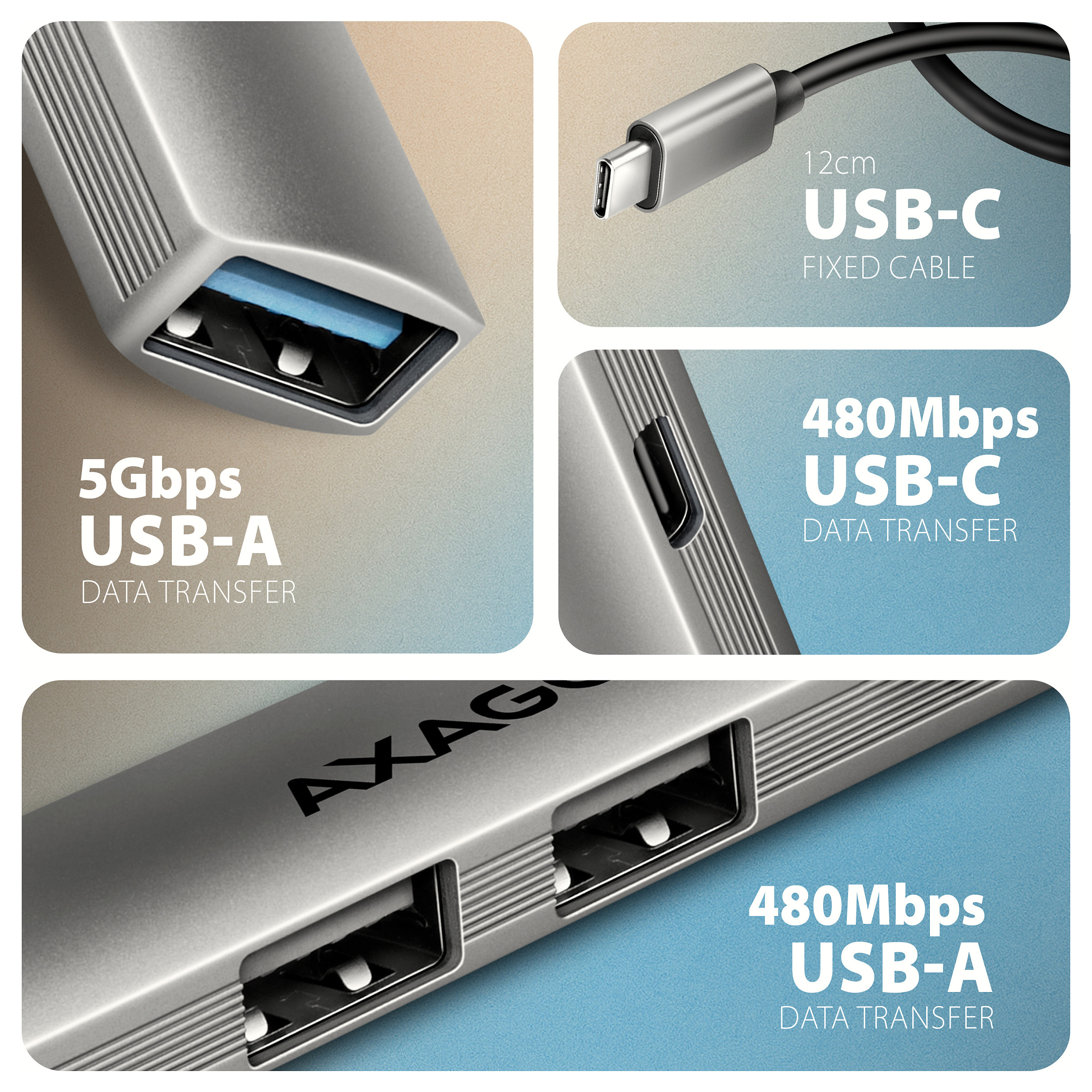 Hub USB-C AXAGON HUE-STC, 1x USB-A 5Gbps, 2x USB-A 480Mbps, 1x USB-C 480Mbps, kabllo 12 cm - Hiri 3