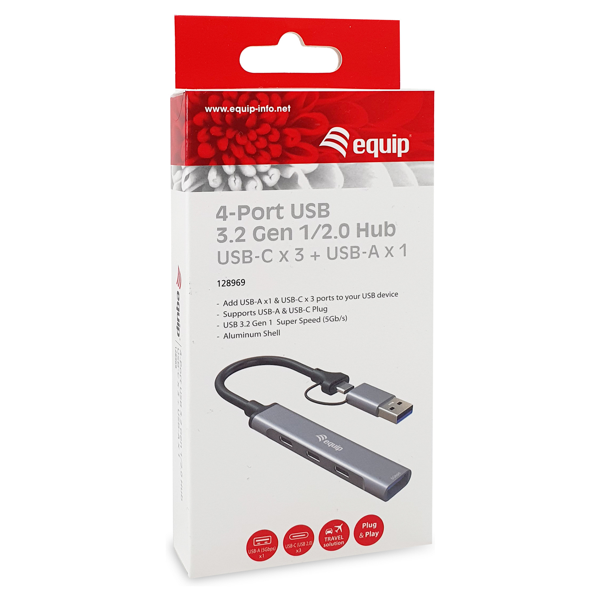 Hub Equip 128969, 3x USB-C, 1x USB-A, USB 3.2 Gen 1, 5Gbps - Gri 5