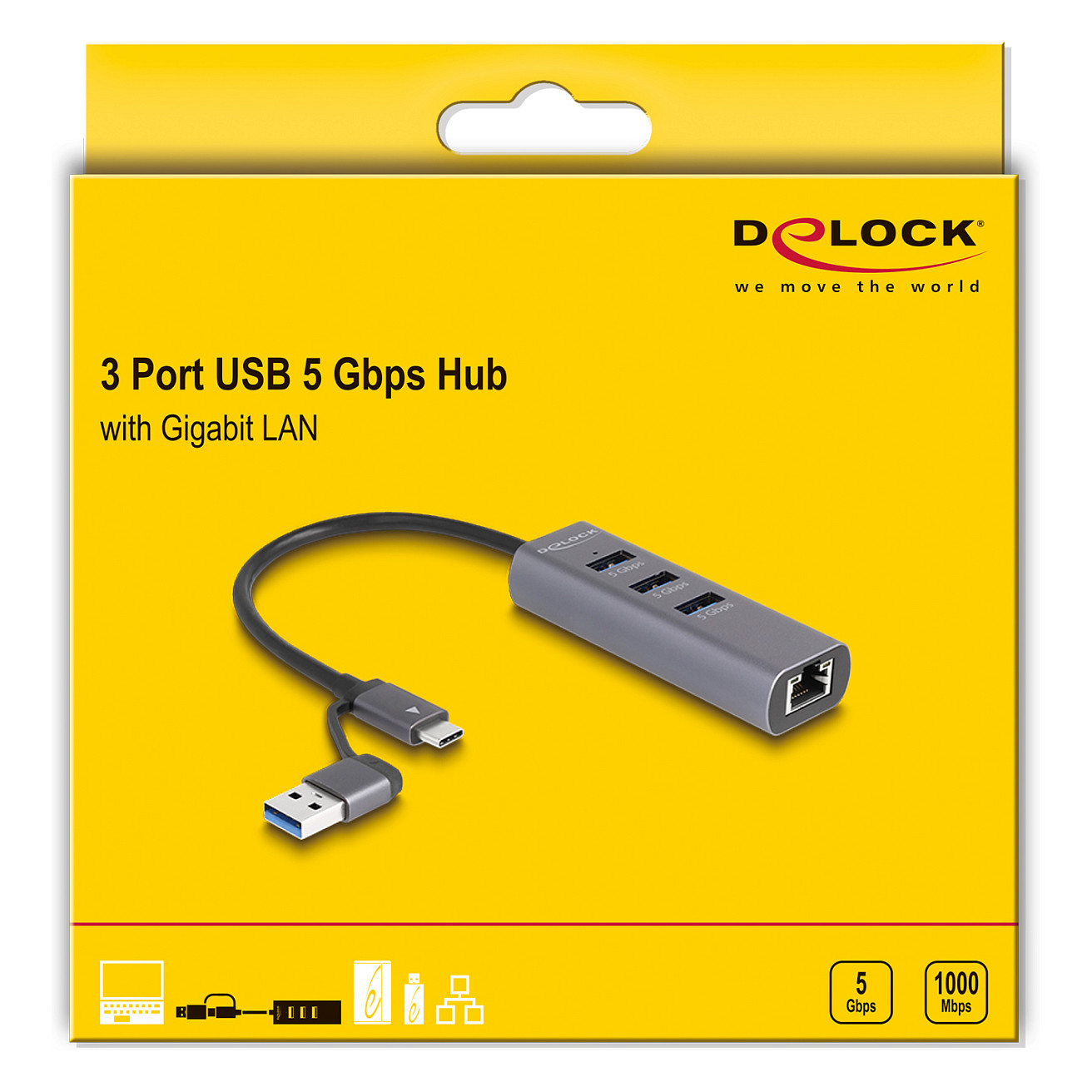 Hub USB DeLOCK 64282 / 3 Porta / USB 5 Gbps / Gigabit LAN / USB Type-C dhe Type-A / 20 cm - Gri 4