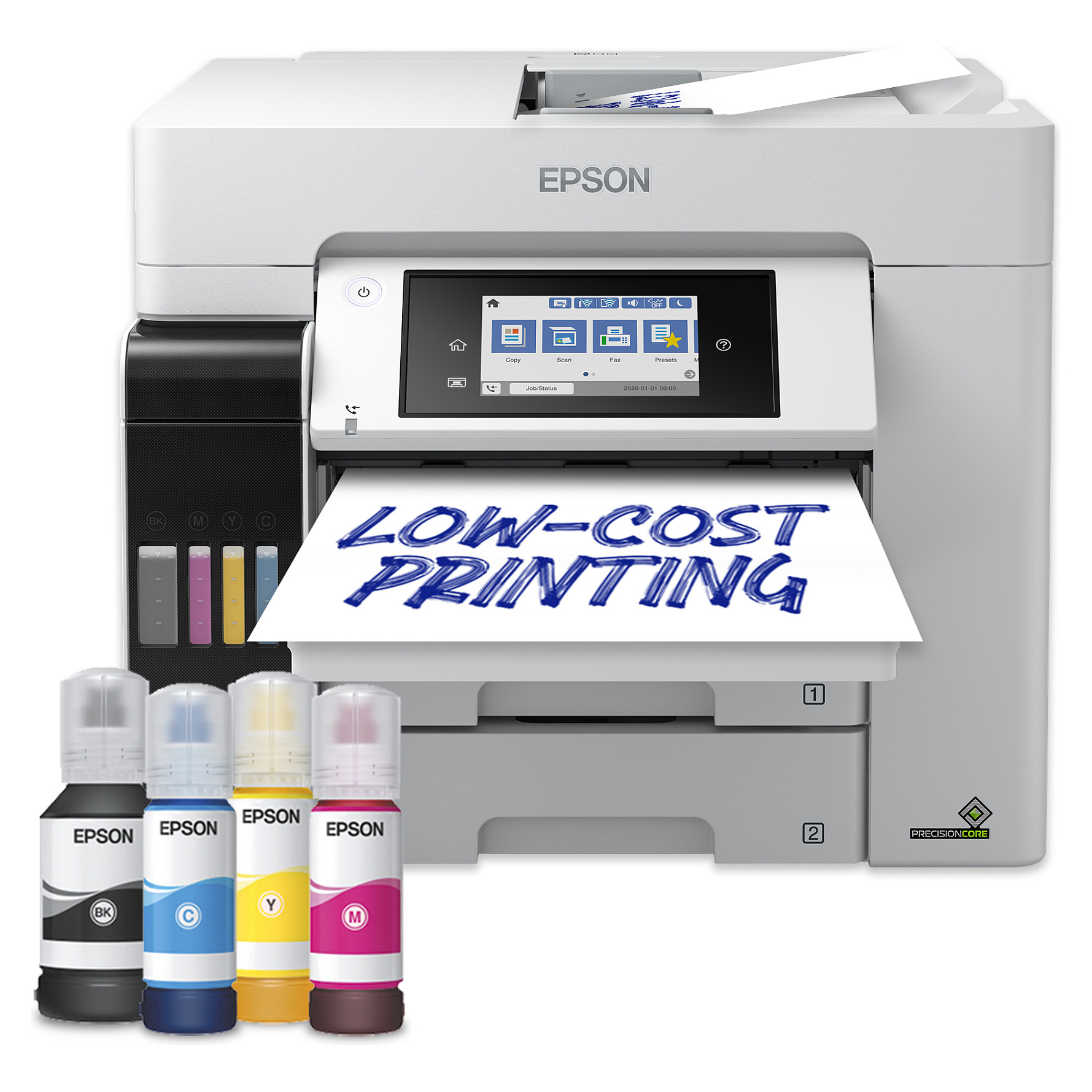 Printer Multifunksional Inkjet me Ngjyra Epson EcoTank Pro ET-5885, A4, 4800 × 1200 DPI, 25 ppm, Printim, Kopjim, Skanim, Faks, Duplex Automatik, Wi-Fi, Wi-Fi Direct, LAN, USB – Bardhë/Zezë
