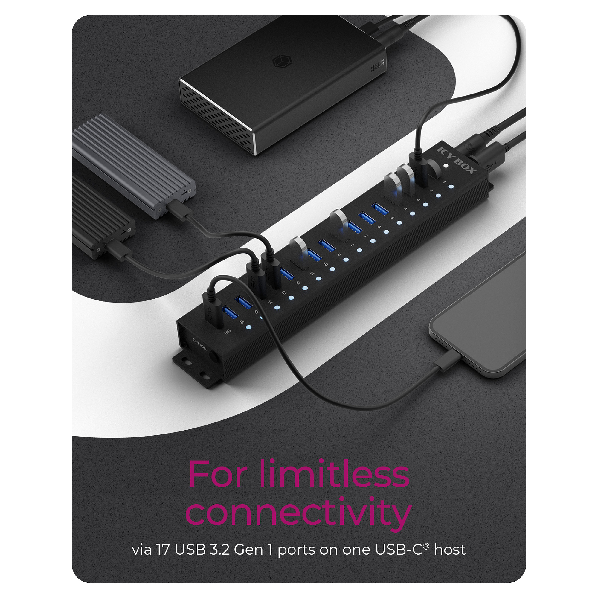 Hub ICY BOX IB-HUB1717-U3, 16x USB-A 3.2 Gen 1, 1x USB-A për karikim, 5Gbps, 7.5W, 96W - Zezë 3