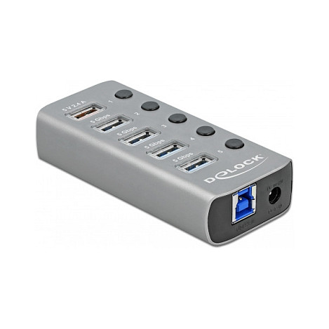 Hub DeLOCK 63263, 4x USB-A, USB 5Gbps, USB-A Karikim 2.4A, USB-C PD 3.0, 5x Ndërprerës, Furnizim i Jashtëm - Gri 2