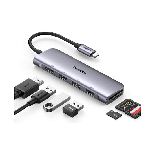 Hub USB-C UGREEN 20956A, 6-port, 3x USB-A 3.0, HDMI 4K 30Hz, SD/TF, 5Gbps - Argjend 4