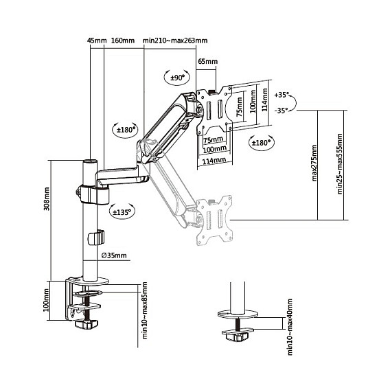 Mbajtëse për Monitor Equip 650132 / 1 Monitor / 17–32" / deri 9kg / VESA 75x75 & 100x100 / Gas Spring / Rotacion 360° - Zezë 8