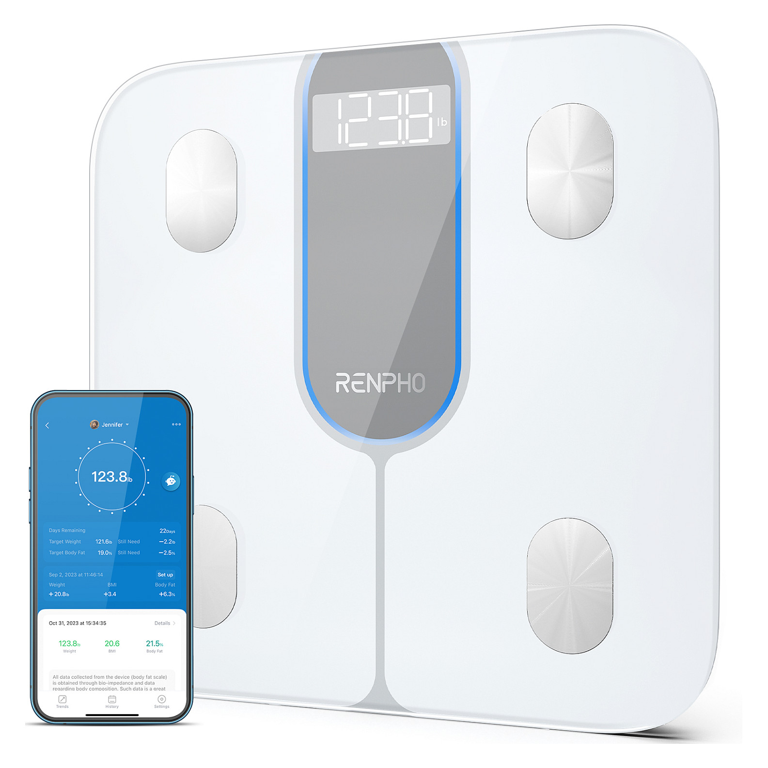 Peshore inteligjente RENPHO Elis 1C / Body Composition / 13 Metrika / Bluetooth / 200kg / BIA / App – Bardhë